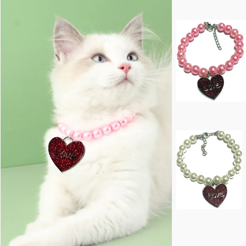 

Cute Pearl Necklace Cat Love Pendant Pet Jewelry Dog Collars Pets Dogs Accessories Personalized Collar For Cats