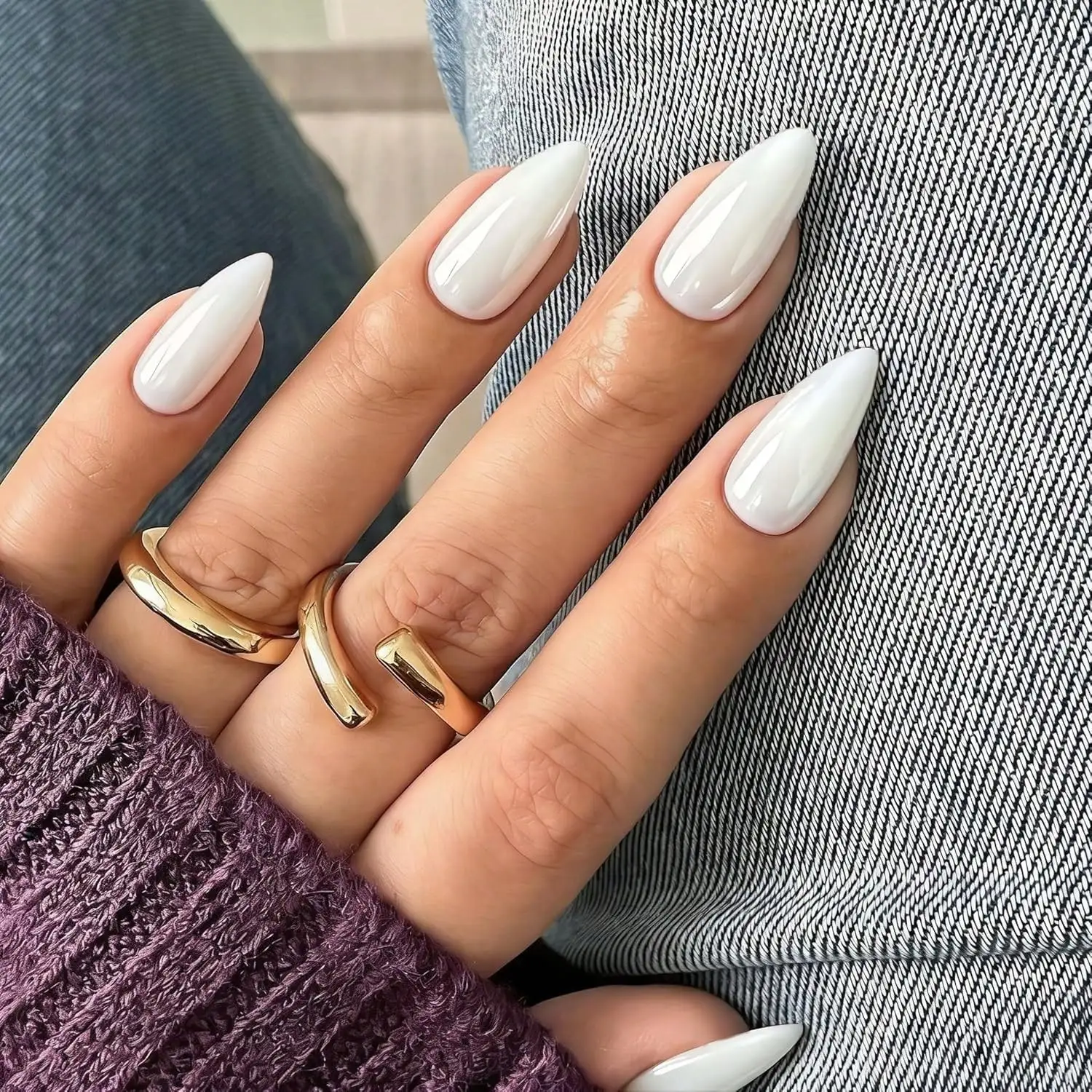 

White Press On Nails Almond - Acrylic Press On Nails Medium Stiletto, Glazed Donut Milky White Fake Nails With Glue, Reusable Glitter Soft Gel Stick On Nails For Women, 24 Pcs