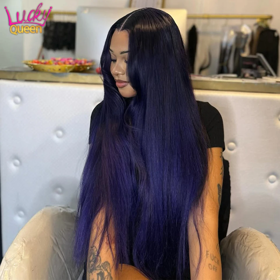 1B Dark Purple Ombre Wigs Straight Human Hair 7X5Glueless 180Density 32 Inch Pre Plucked Transparent Lace 13X6 Frontal For Women