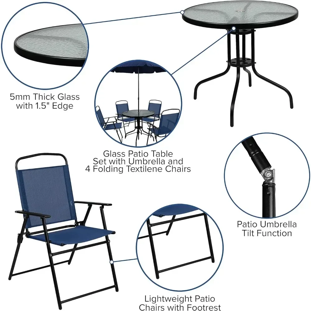 Patio Furniture Sets, 6 Piece Patio Garden Table Set - Umbrella Table - Set of 4 Navy Folding Chairs Outdoor Furniture Sets