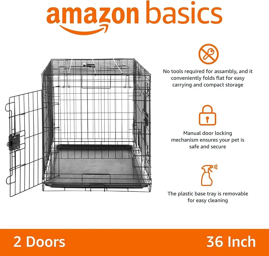 

Durable, Foldable Metal Wire Dog Crate with Tray, Double Door, 36 x 23 x 25 in, Black