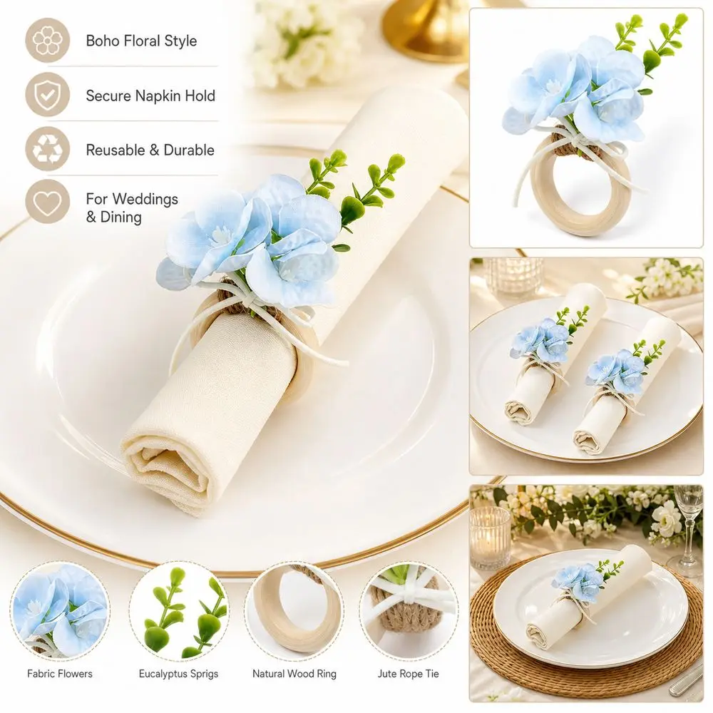 New Wooden Base Fabric Flowers Napkin Rings Rustic Style Handmade Napkin Holders Tablecloth Decoration Wedding Table Decor