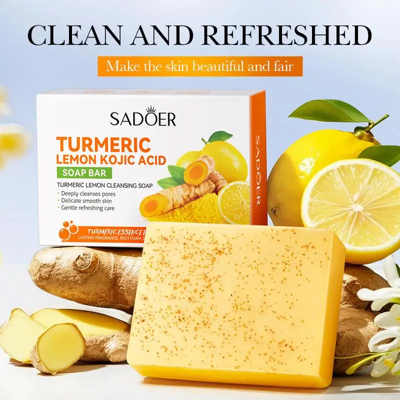 

SADOER Lemon Turmeric Brightening Soap Handmade Deeply Cleansing Glowing Body Exfoliating Shower And Face Soap Body Care
