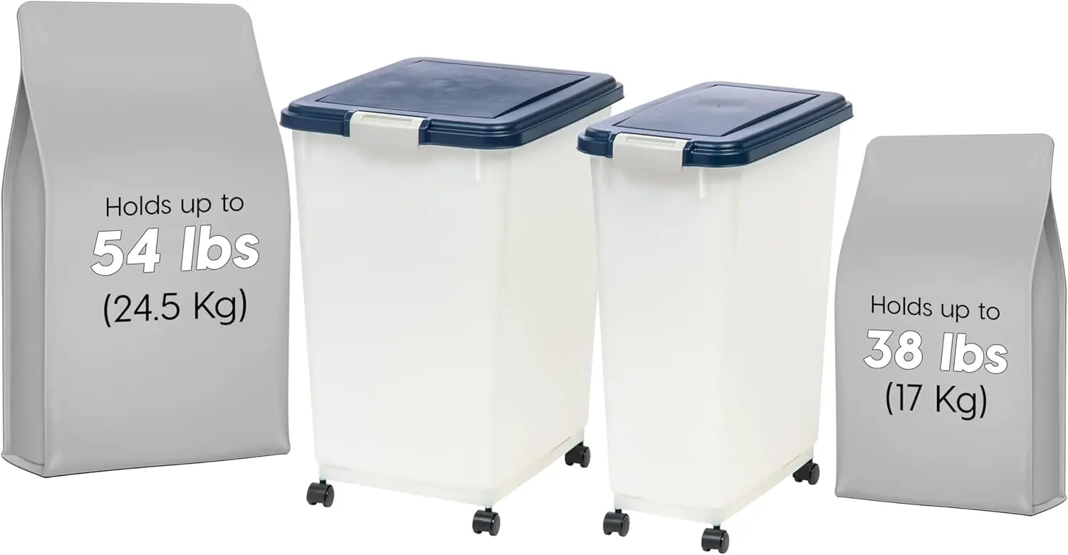 

54 lb + 38 lb Airtight Pet Food Storage Container Combo with Wheels, BPA Free, Navy/Pearl