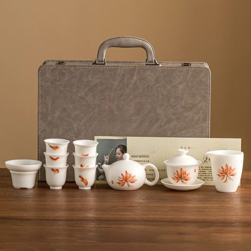 Burnt suet jade porcelain tea set, home office tea making, kung fu teapot, tea cup gift box