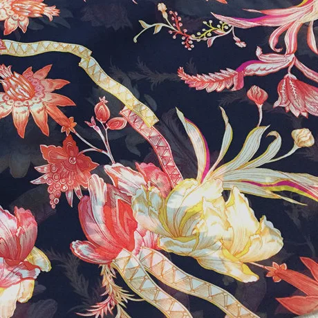 

Flower vine surround georgette fabric navy blue bottom suit mulberry silk dress silk scarf