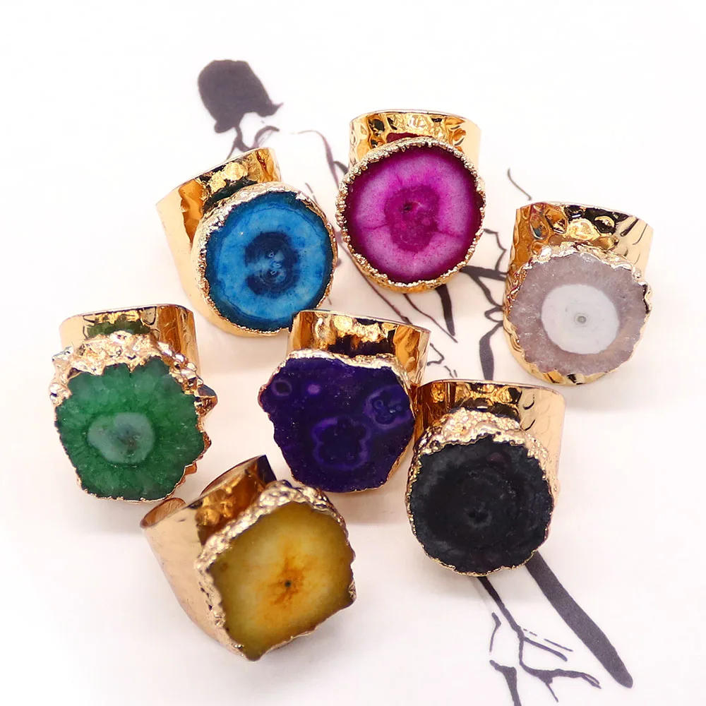 Irregular Colorful Agate with Annual Ring Pattern Retro Gold-plated Open Rings Made of Natural Stone Ornaments Gifts Souvenirs