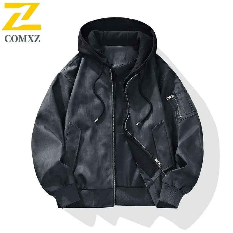

COMXZ 2025, мужская винтажная потертая кожаная куртка с капюшоном, осень-зима, американский стиль, искусственное свободное повседневное байкерское пальто из двух предметов