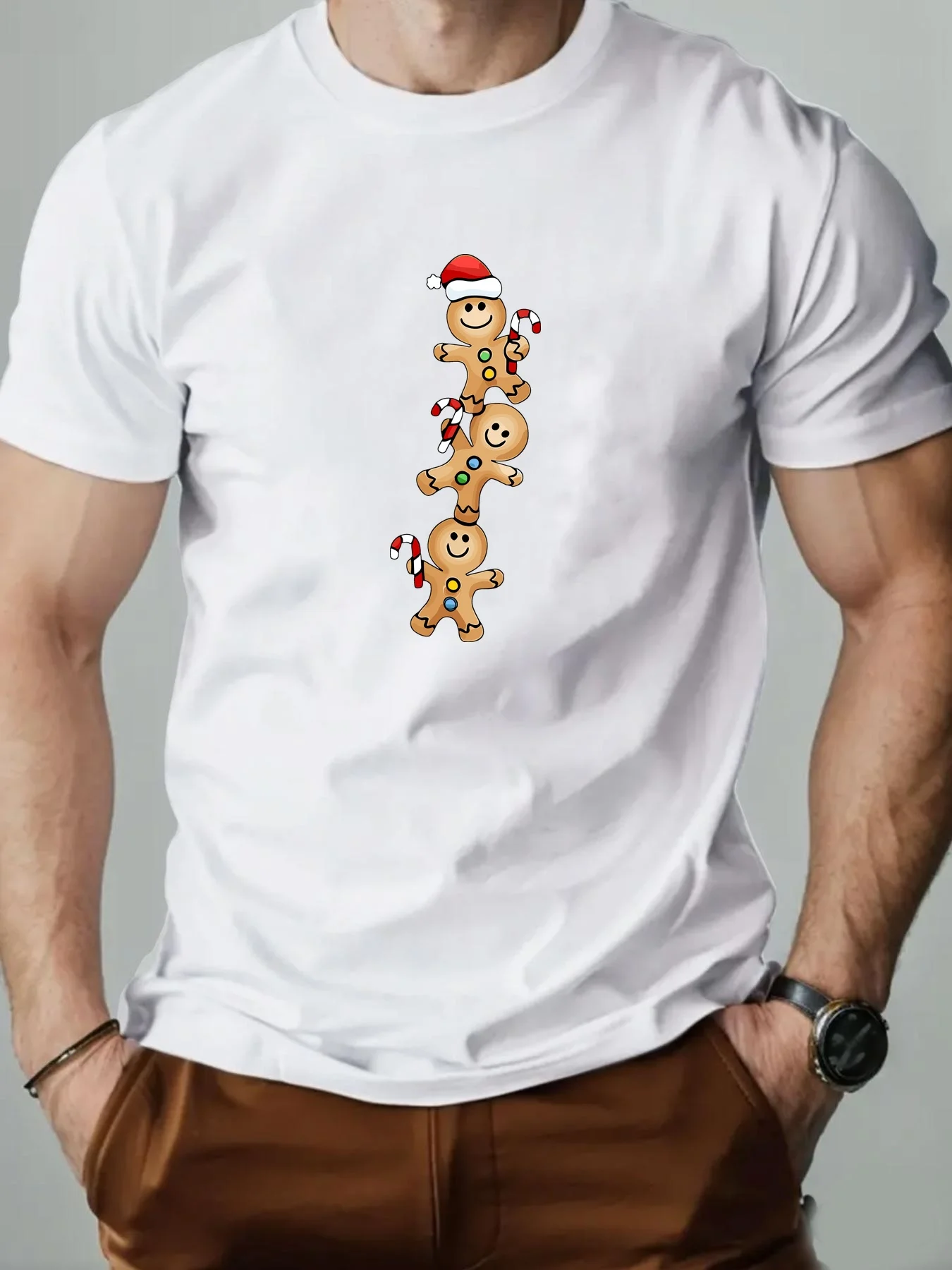 Men's Christmas Gingerbread for Man Graphic T-Shirt - Festive Red Tee with Santa Hats Lightweight Summer Shirt for Holiday Pa