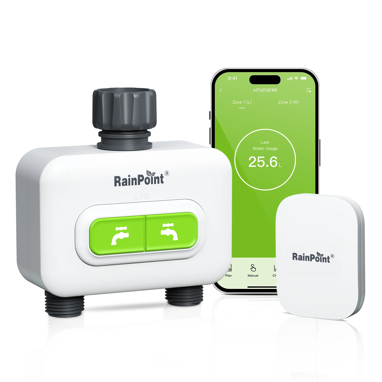 RainPoint 2-zone Wireless Smart Water Timer with Hub for Outdoor Irrigation Rain Delay, APP Remote Control WiFi Watering Timer for Garden Faucet with 2 Outlets Automatic Schedules for Lawn,Garden,Yard