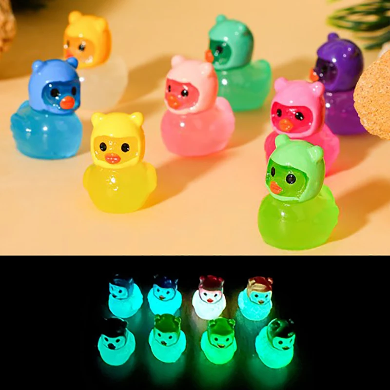 1PC Cute Animals Micro Landscape DIY Accessories Luminous Miniature Duck With Bear Hat Fluorescence Fairy Garden Decoration