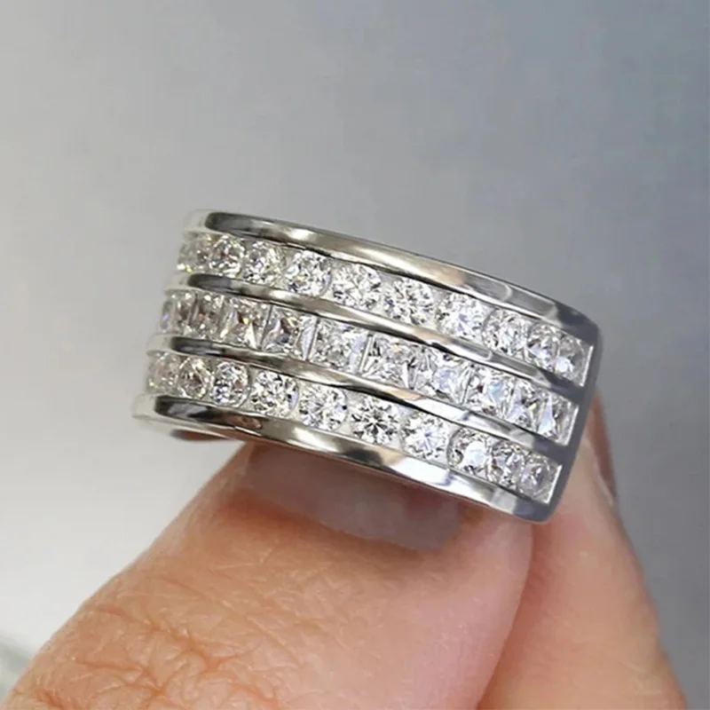 Huitan Three-Lines CZ Rings Luxury Silver Color Accessories for Women Sparkling Bridal Wedding Bands Rings New Trendy Jewelry