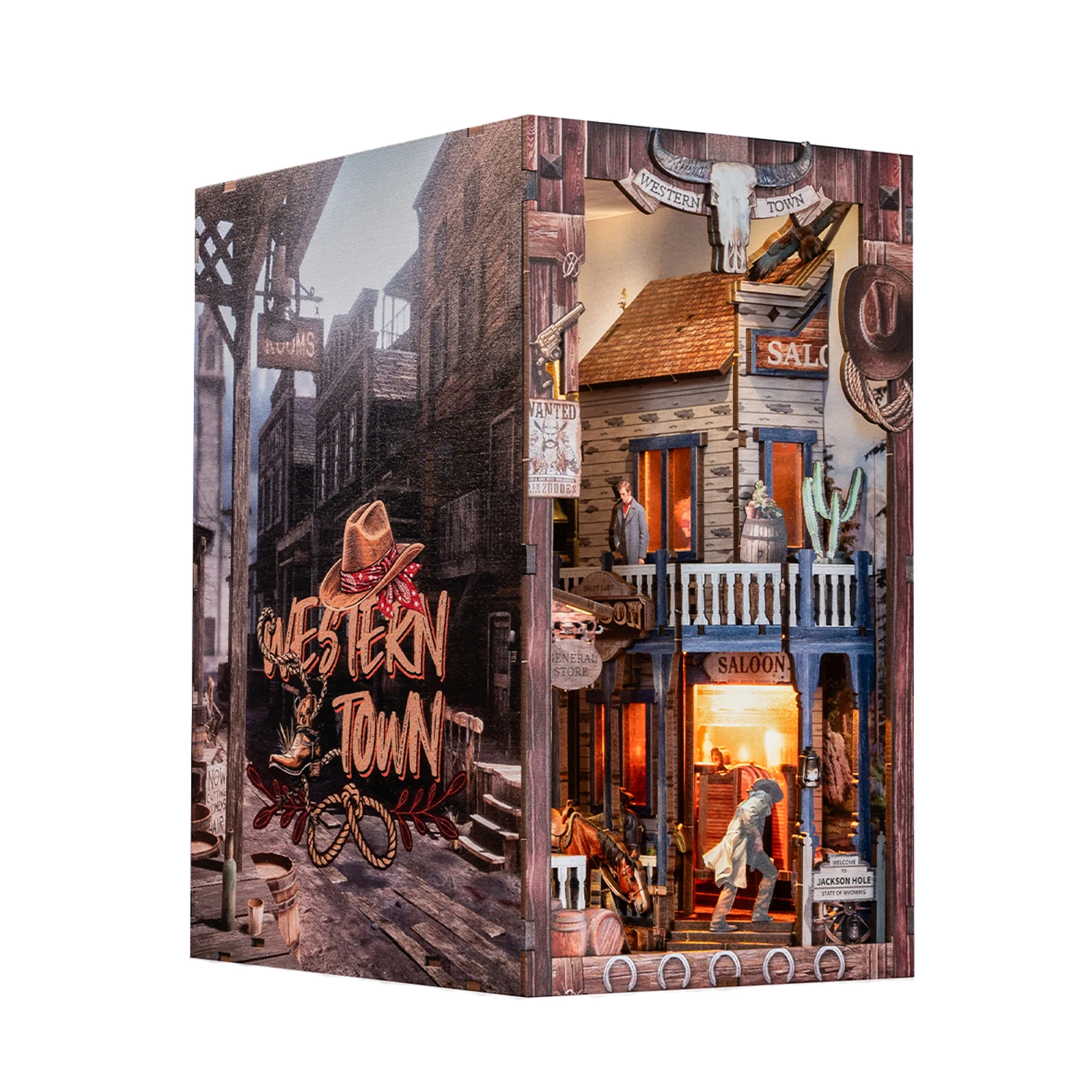 DIY Wooden Book Nook Figurines Miniatures Western Town Bookend With LED Lights for Friends Birthday Gifts Home Decor Crafts