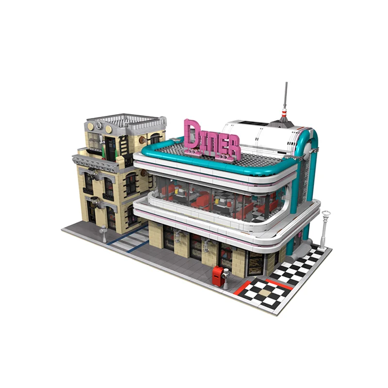 4182PCS MOC Downtown Diner Chicago Modular Dining Venue DIY Model Building Blocks Birthday Gift