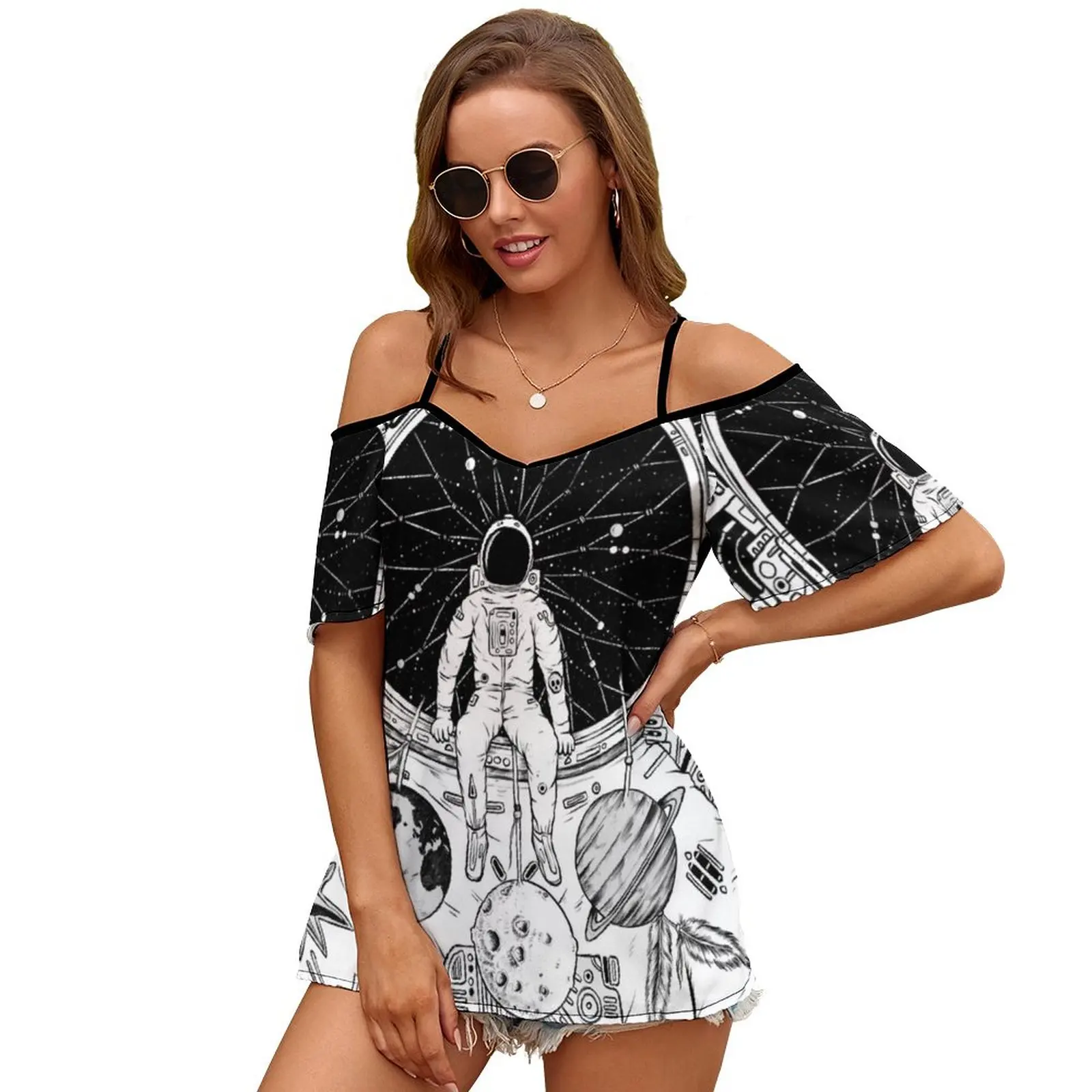 O dreamer (b/w) nova moda zip fora do ombro superior de manga curta camisa feminina sonho dreamcatcher espaço estrelas lua noite