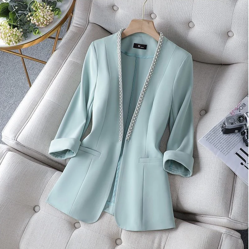 Spring/Summer Ladies Blazer New Solid Color Beaded Buttonless Cardigan Half Sleeve Thin Suit Women Coat Female Outerwear 4XL