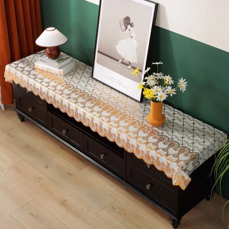 PVC Gold Tablecloth Waterproof Oilproof Table Cloth Bronzing Printed Hollow Table Cover Mat TV Cabinet Home Decor Party Decor