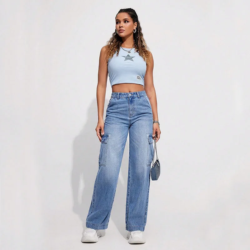 

2026 Woman Fashion Clothes Spring New Style Denim Pants Loose Fit With Flap Closure Large Pockets Workwear Style Women's Jeans