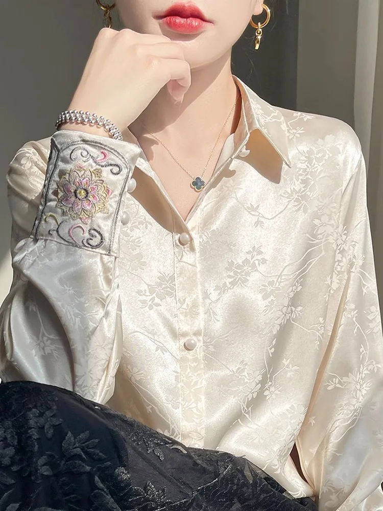 

Ele атласный длинный све irt с вышивкой, женский весенне-летний новый топ Sle 2022, внутренняя одежда, корейский свободный воротник