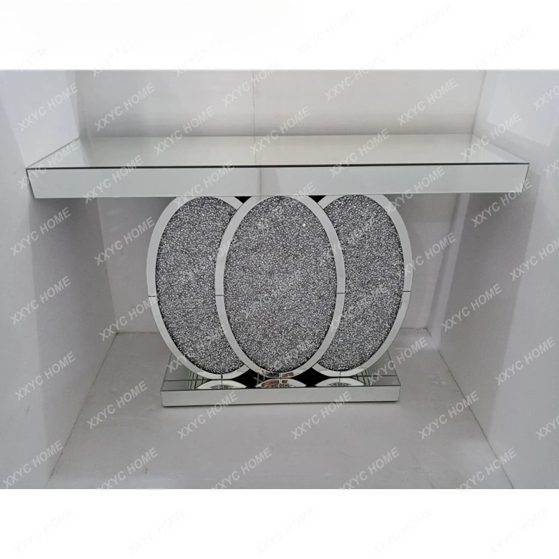 SS  modern simple ring buckle silver mirror rhinestone glass console table