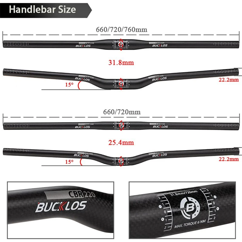 BUCKLOS 31.8mm MTB Handlebar Full Carbon 25.4mm Bicycle Ultralight Riser Bar 660mm 720mm 760mm Mountain Bike Handlebar MTB Parts