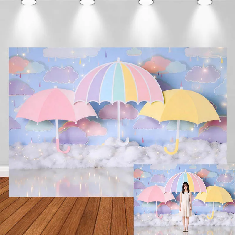 LS Photography Backdrop Dreamy Macaron Umbrella Cloud Decor Birthday Cake Smash Baby Shower Kids Portrait Photo Background