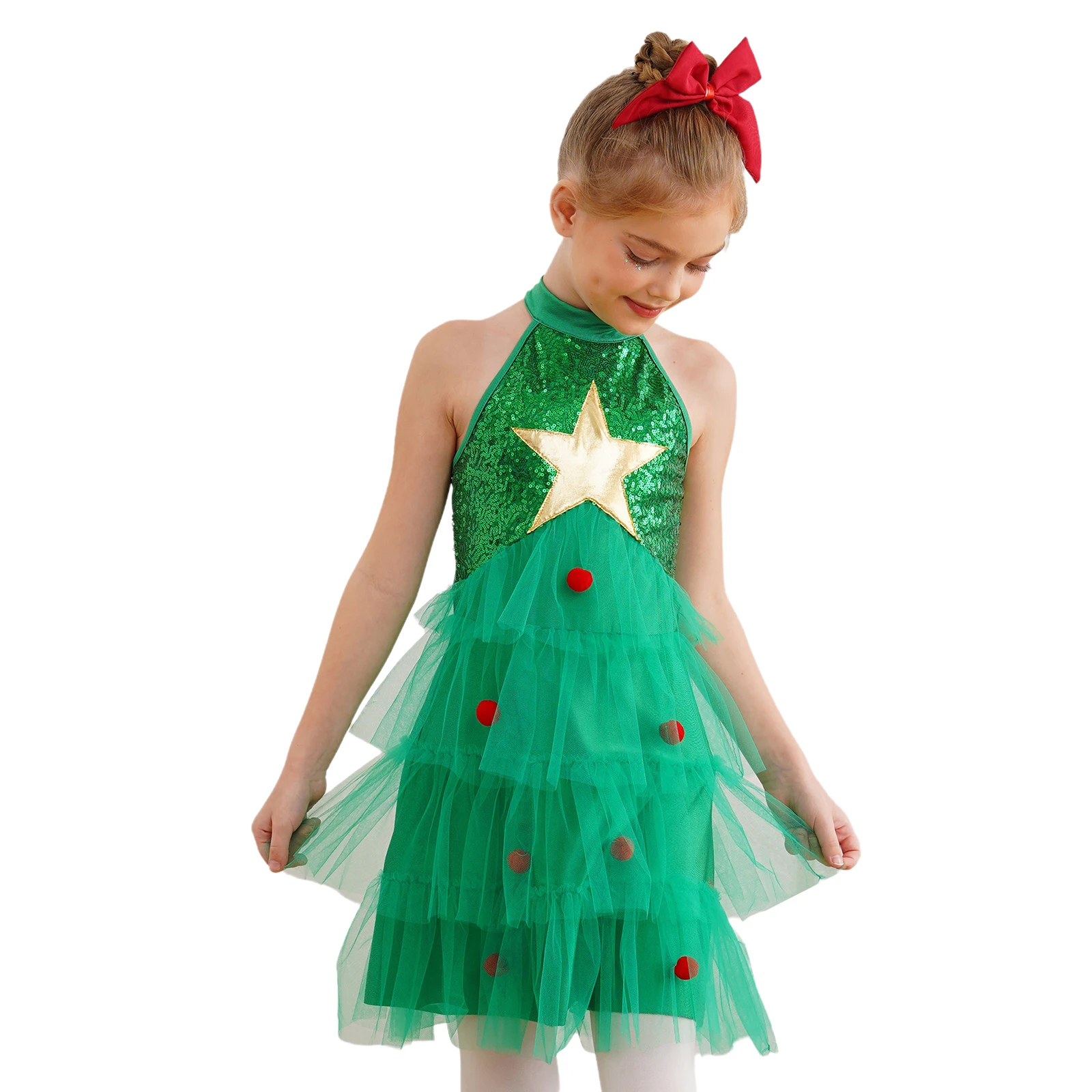 Kids Girls Christmas Tree Costume Sleeveless Sequins Pompoms Tiered Mesh Tutu Dress Carnival New Year Xmas Party Dance Dresses