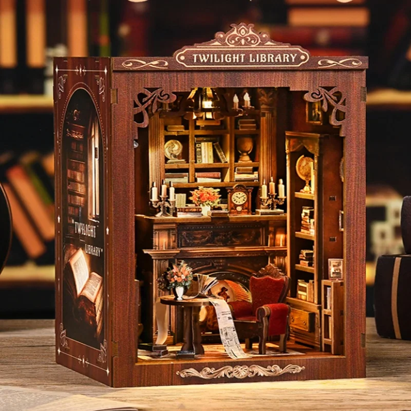 

Twilight Library DIY Mini Book Nook 3D Miniature Dollhouse Kit LED Light Bookend 194 Pieces Creative Assembly Craft For Adults