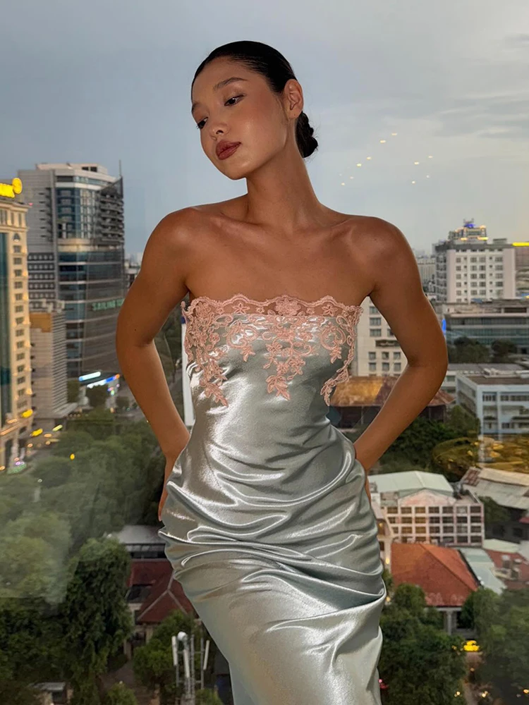 Kliou Silky Stain Elegant Long Dress Woman Lace Jacquard Decoration Wrap Chest Backless Midnight Prom Party High Waist Vestidos