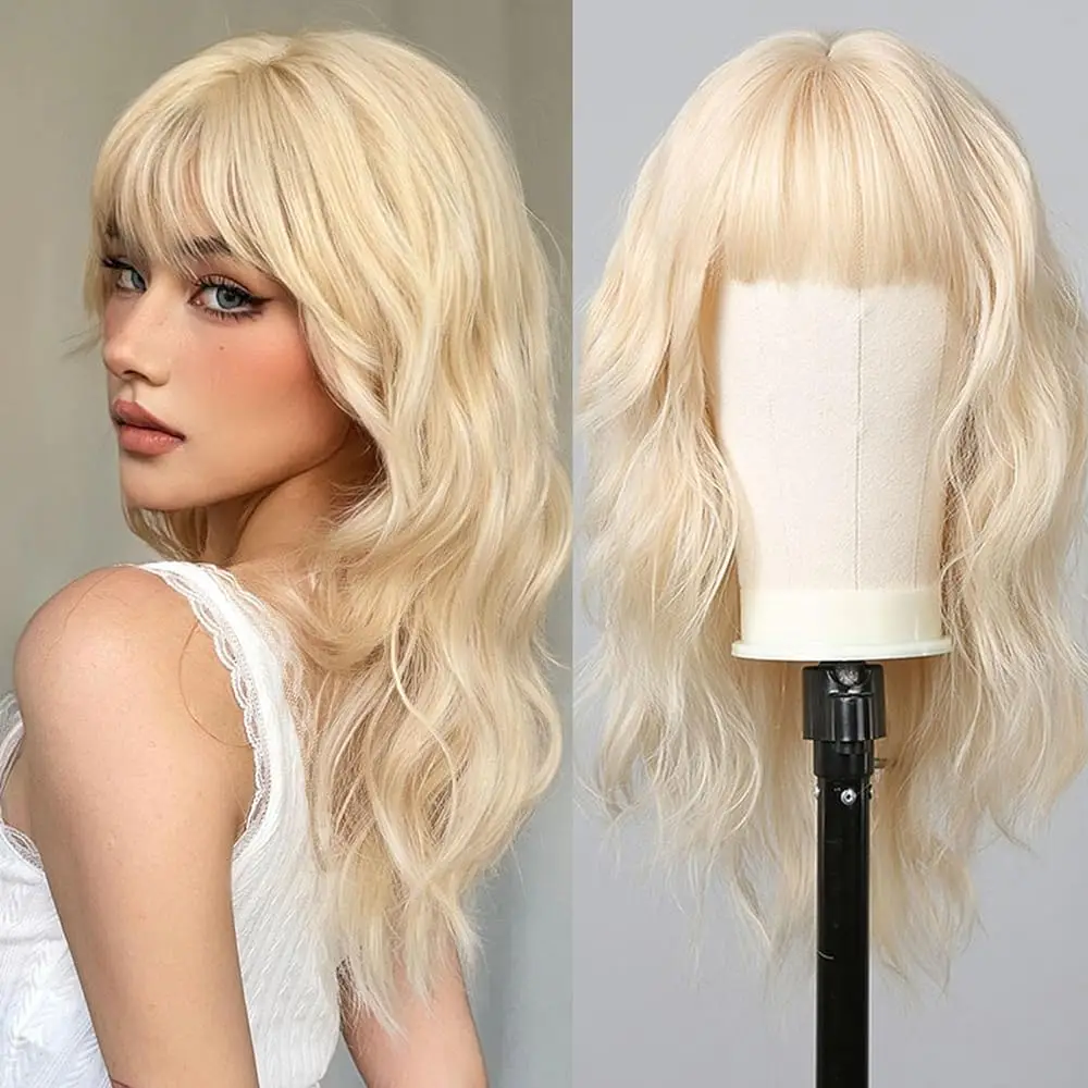 Blonde Long Curly Synthetic Wigs for Women Light Yellow Body Wave Natural Hair Wig for Cosplay Heat Resistant Hair With Bangs