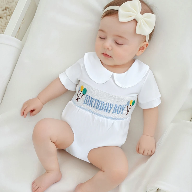

6-18Months Infant Baby Girls Rompers 1st Birthday Clothes Balloon Letter Embroidered Short Sleeve Jumpsuits Bodysuits