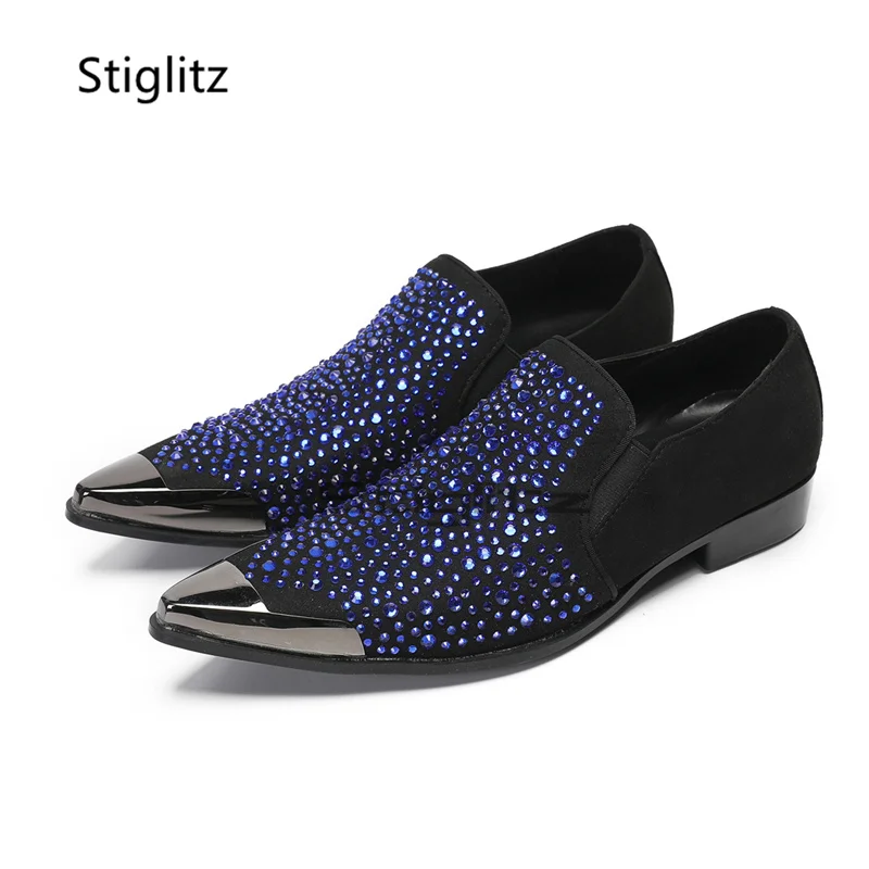 Rhinestone Rivets Men's Suede Leather Loafers Pointed Toe Slip On Driving Flats Casual Fashion Male Party Dress Wedding Shoes