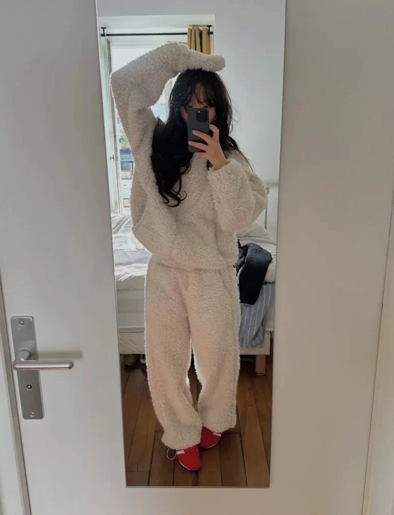 Warm Furry Hooded Jaet Casual Pants Set Women's Autumn Winter Thermal PREON Workwear ort Sve Zipper Sle Fletta Trend