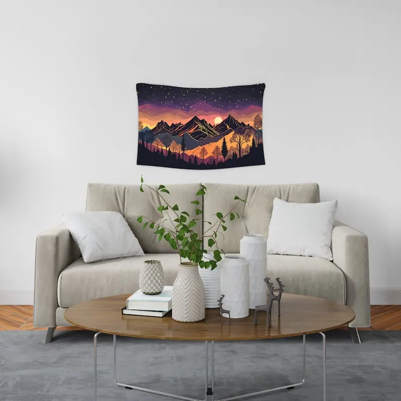 Mountain Night Sky Wall Tapestry Starry Landscape Art Sunset Hiking Adventure Decor