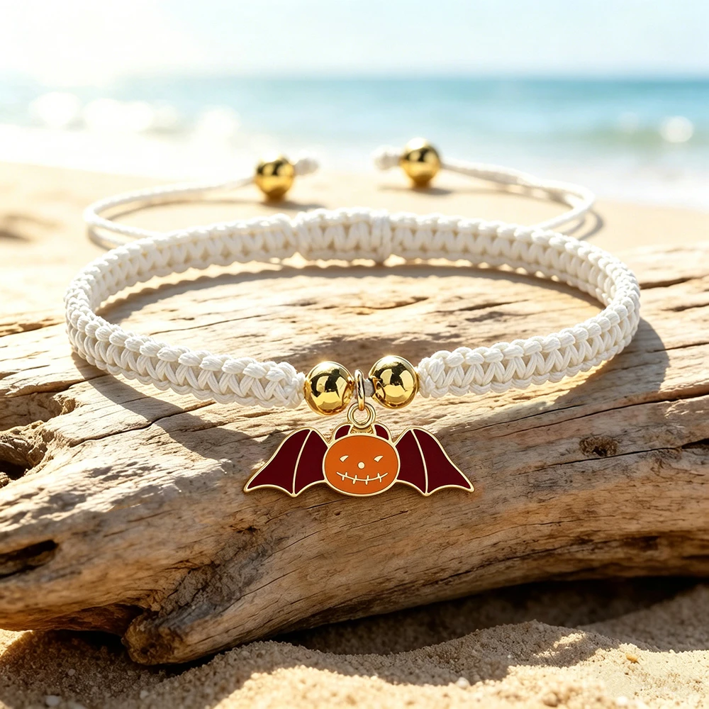 Halloween Pumpkin Charm Bracelet Hand Woven Braided Rope Fashion Accessory with Small Bat Pendant Adjustable for Women And Men