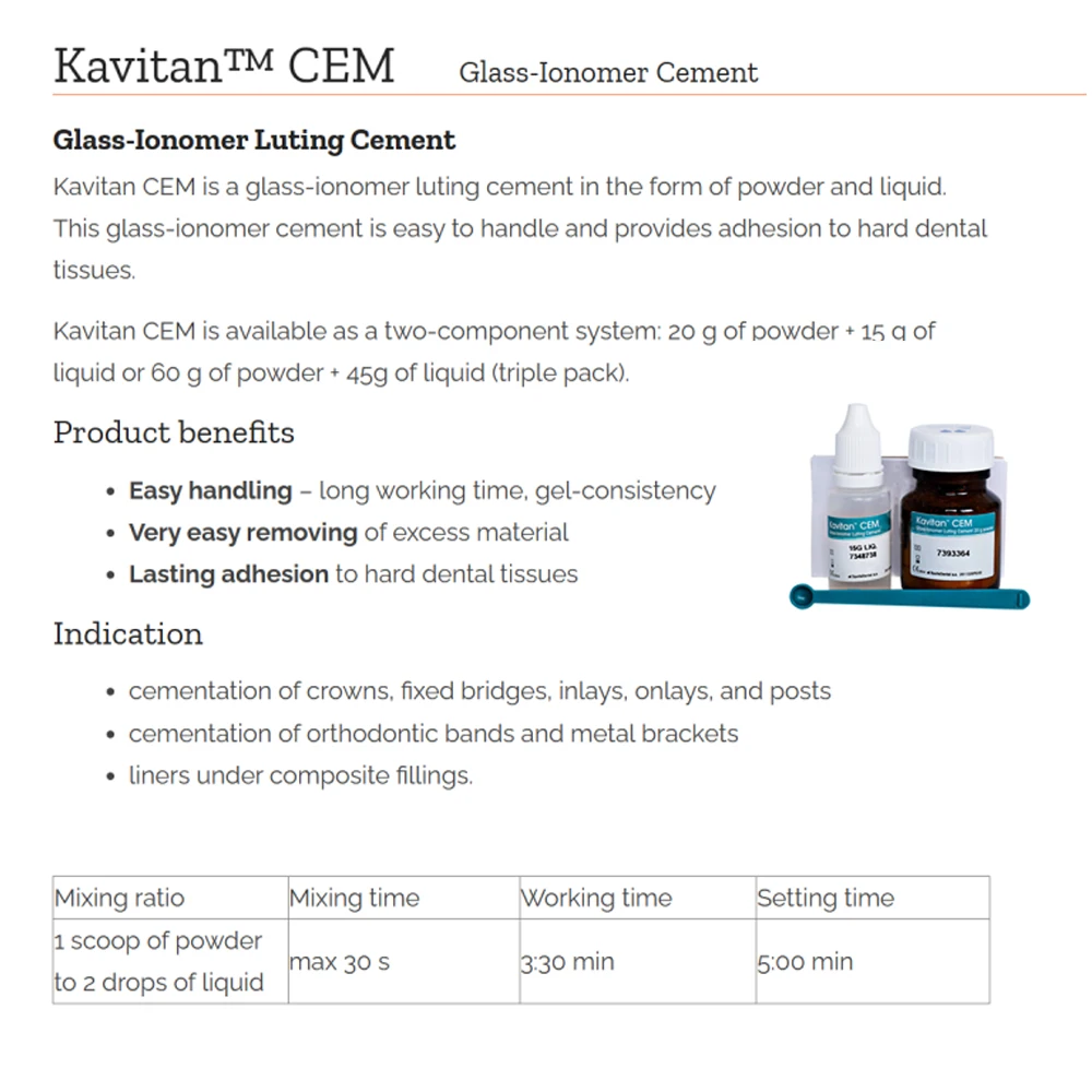 Kerr Dental Luting Cement Glass-ionomer Kavitan Cem Pentron Permanent Adhesion For Teeth Crowns Bridge Powder And Liquid Dentist