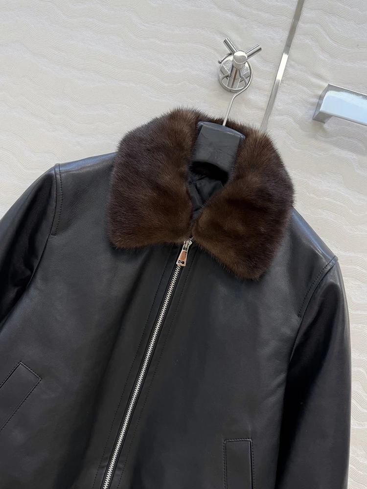 SVORYXIU الخريف الشتاء نمط جديد المنك طوق سترة معطف جلد الغنم النقي امرأة الموضة سترة جلدية حقيقية #2
