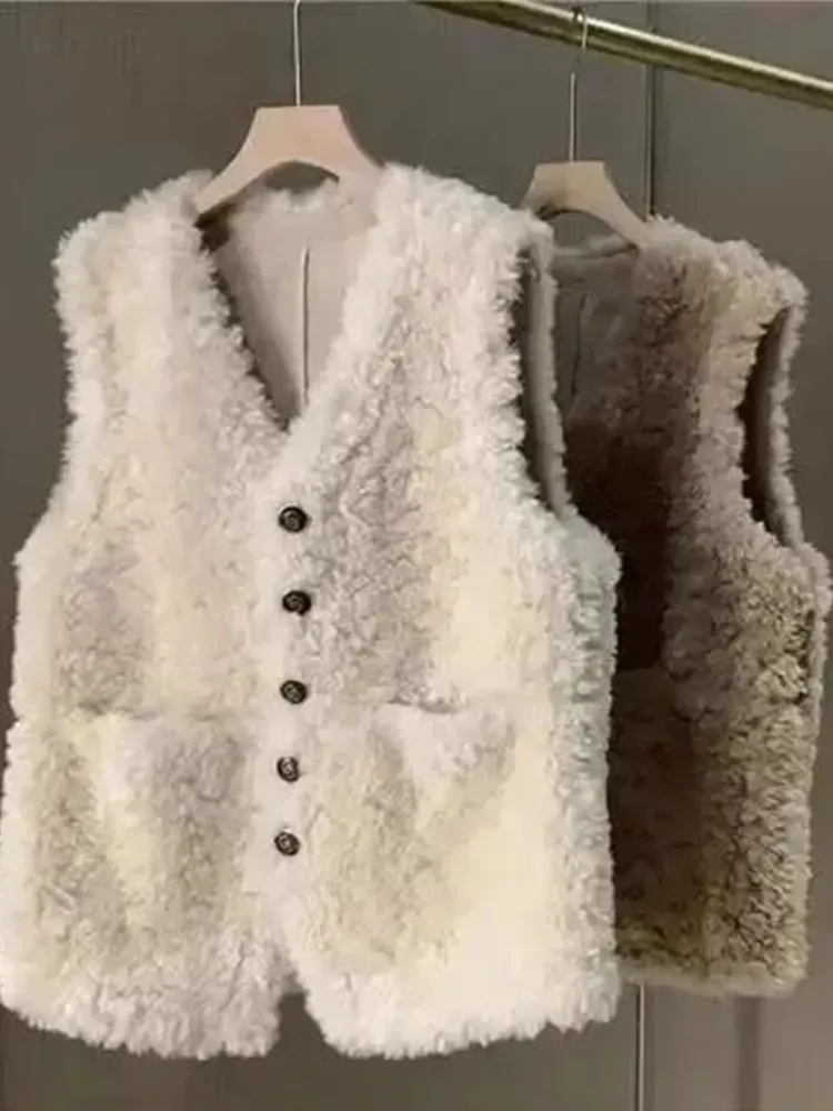 Lamb Fur Vest Women's Thickened Outerwear Elegant Style Button Splice Design Pure Color V-neck Regular Length Fashionable Top