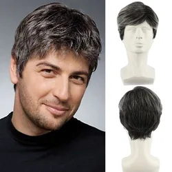 Wig fashion men black gray fluffy short straight hair synthetic fiber head set male wig elastic net