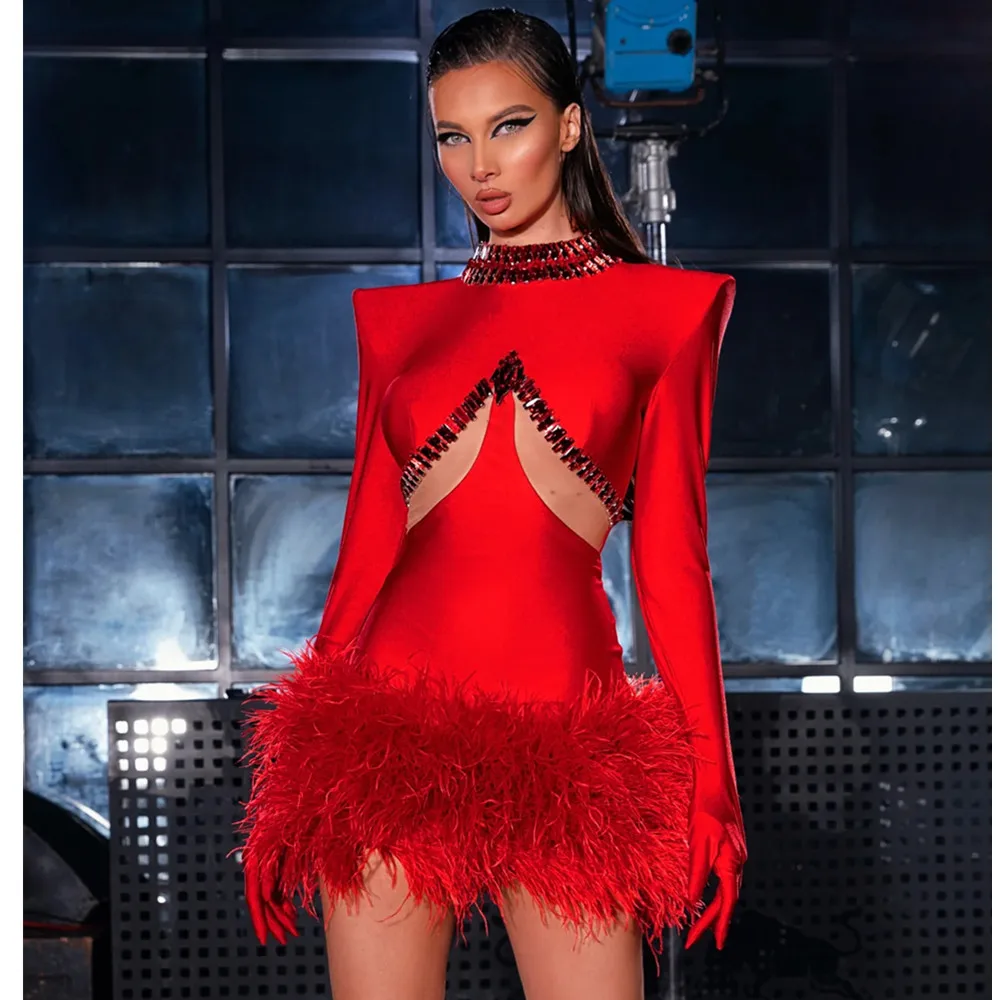 Big Red Ostrich Hair Bandage Fashionable And Sexy Water Diamond Cutout Party Dress