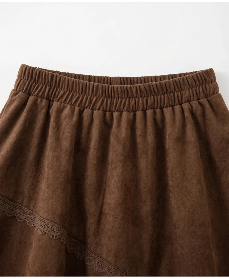 2026 Damen-Midirock mit Wildleder-Optik und Spitzenbesatz, Vintage-Brauntöne, elastischer Bund, unregelmäßiger Saum, Tüll, A-Linie, lässiger Halbrock – Detail 27