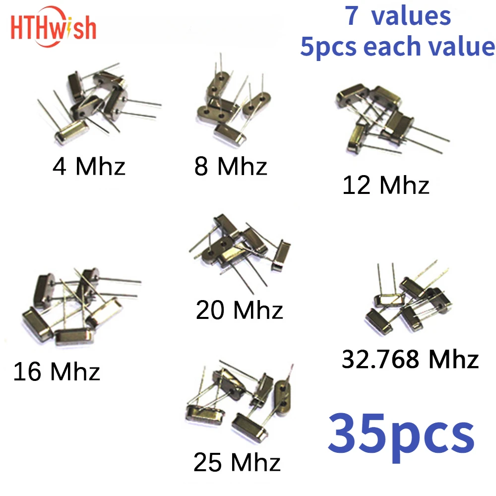 35pcs/Lot Crystal Oscillator Electronic Kit, HC-49S 7 kind DIP Quartz Oscillator 32.768Khz 4Mhz 8Mhz 12Mhz 16Mhz 20Mhz 25Mhz