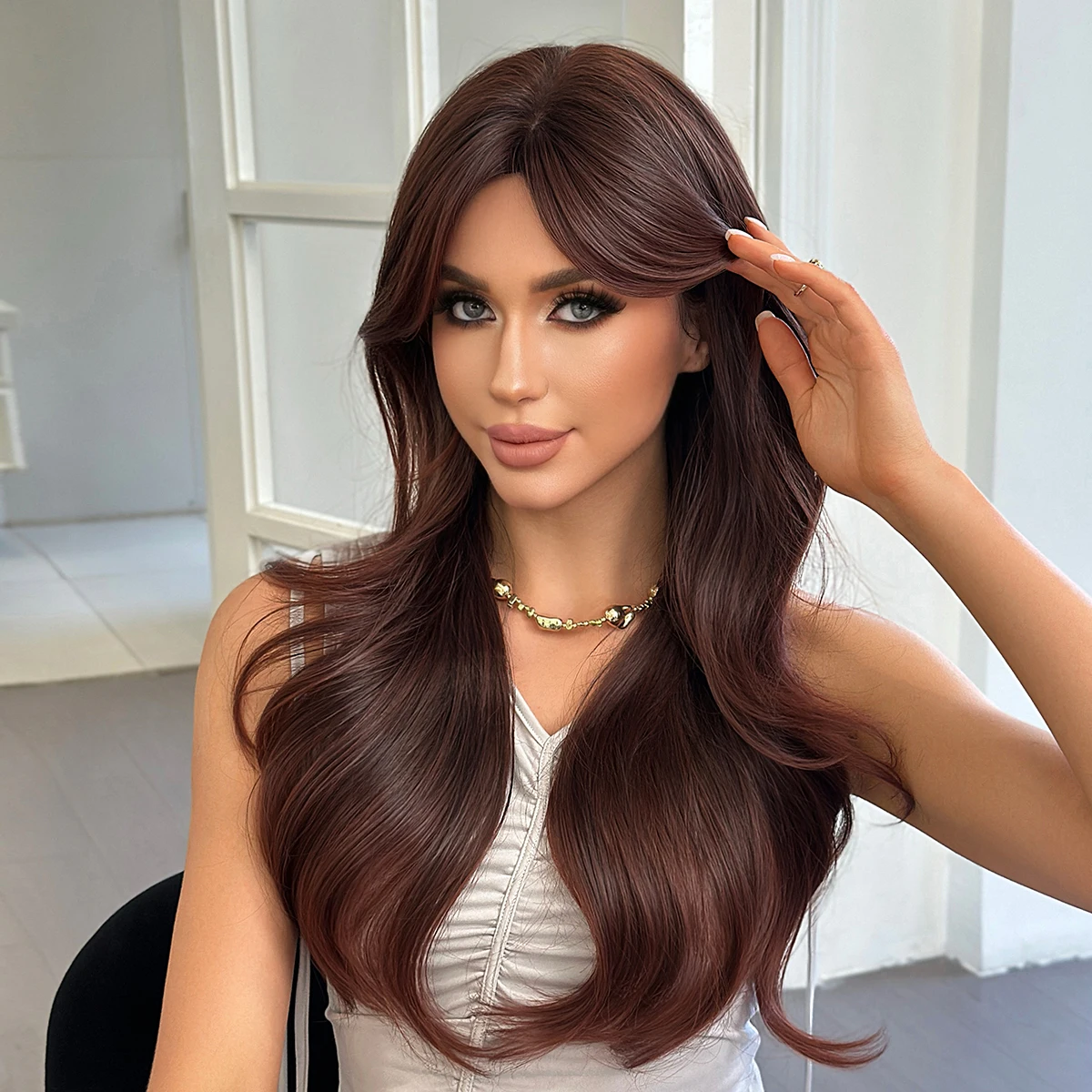 7JHH WIGS Long Body Wave Mocha Brown Wig for Women Modest Fashion Synthetic Layered Middle Part Dark Red Wigs with Curtain Bangs - view 2