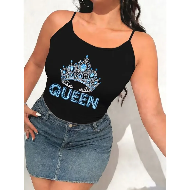 Women Spaghetti Strap Cami Tank Top Blue Crystal Crown Queen Letter Graphic Print Sleeveless Camisole Summer Casual Basic Tops