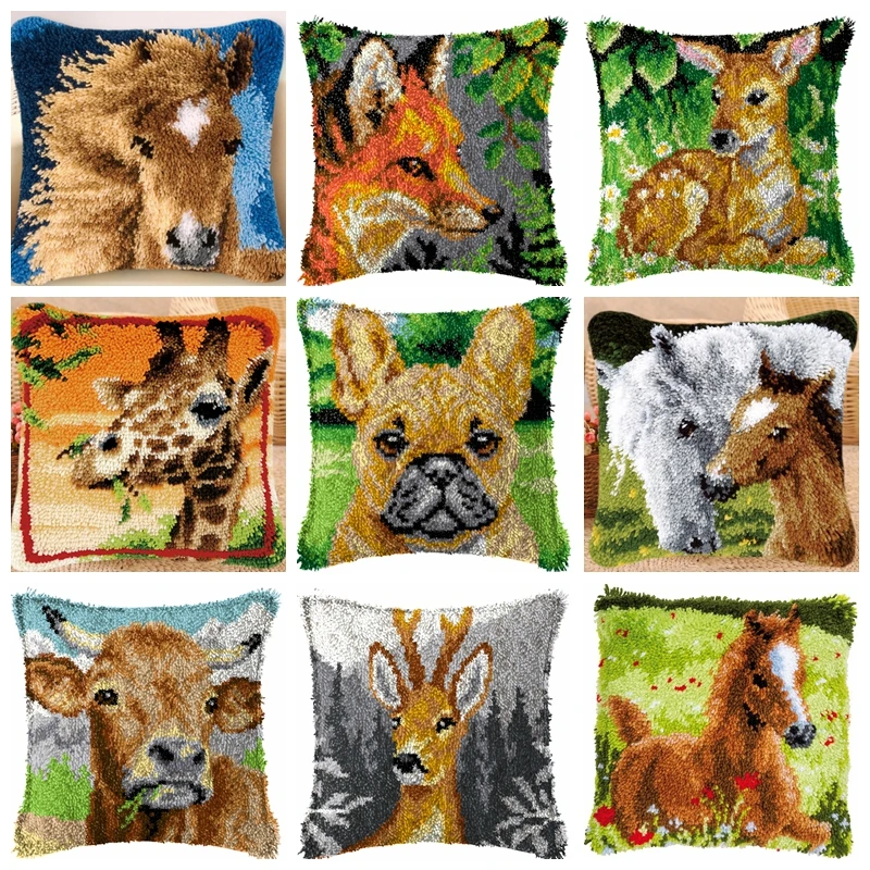 

Animals Latch Hook Kit Cushion Smyrna Buttons Package Horse Cow Giraffe Fox Vintage Pattern Latch Hook Kits Set For Needlework