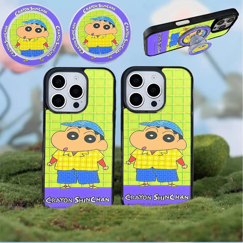 

3D Anime Cute Crayon Shin-chan lattice Magsafe Wireless Charge Phone Case For iPhone 11 12 13 14 15 16 Pro Max Magnetic Holder ﻿