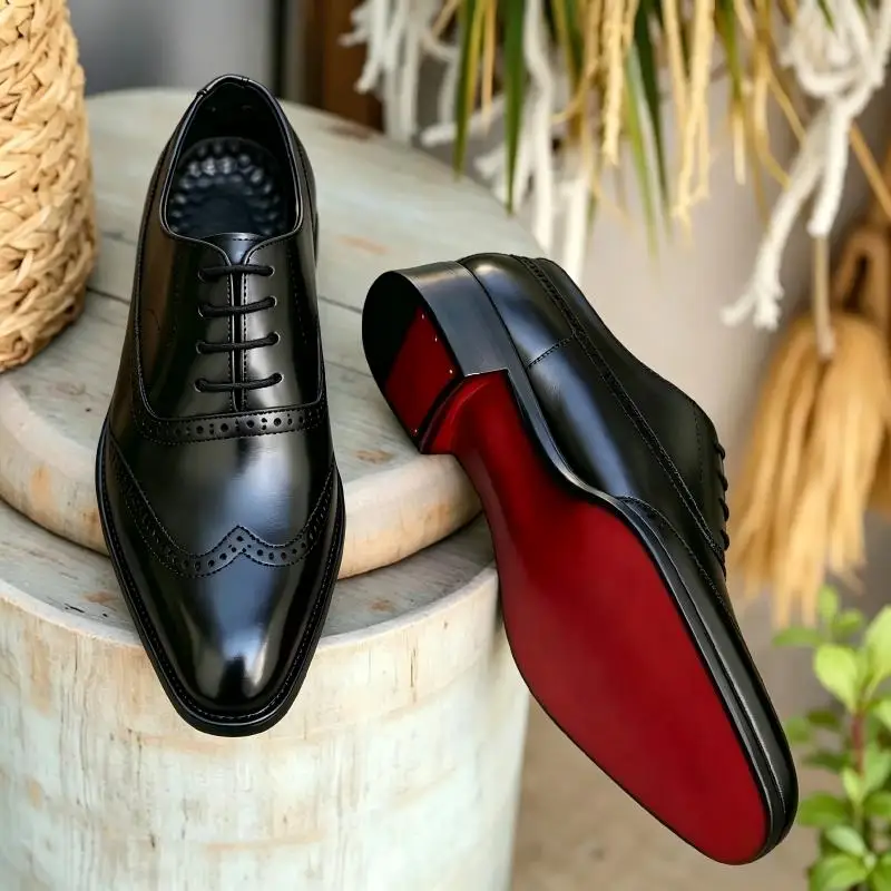 

Men's Black Brogue Oxford Shoes Formal Dress Shoes for Business Wedding Red Sole Comfortable Lace-up Footwear