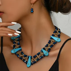 Artificial crystal with drop turquoise beaded set, necklace and earrings, party date wear jewelry!