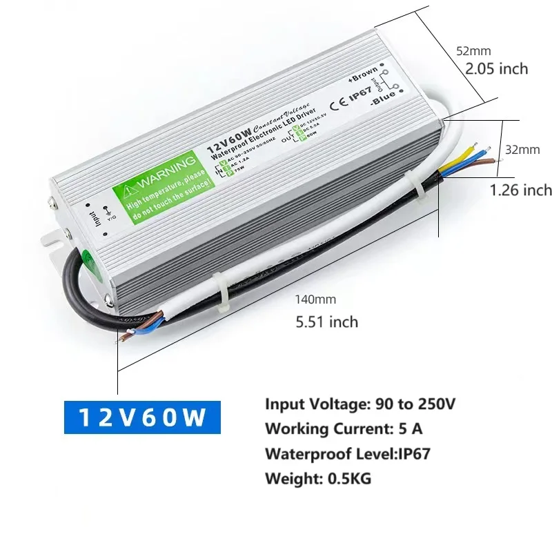 

LED Driver 60W/100W/150W Waterproof IP67 Power Supply Transformer Adapter 100V-260V AC to 12V DC Low Voltage Output LED Light