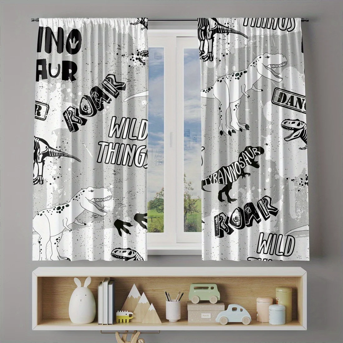 Dinosaur Curtain, Roar Wild Thing Print Drapes, Kids Cartoon Window Curtains, Boys Bedroom Decor